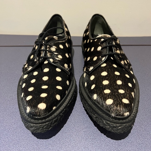 Adieu Paris Black and White Polka Dot Cowhide Lace Up Loafers - Picture 2 of 5